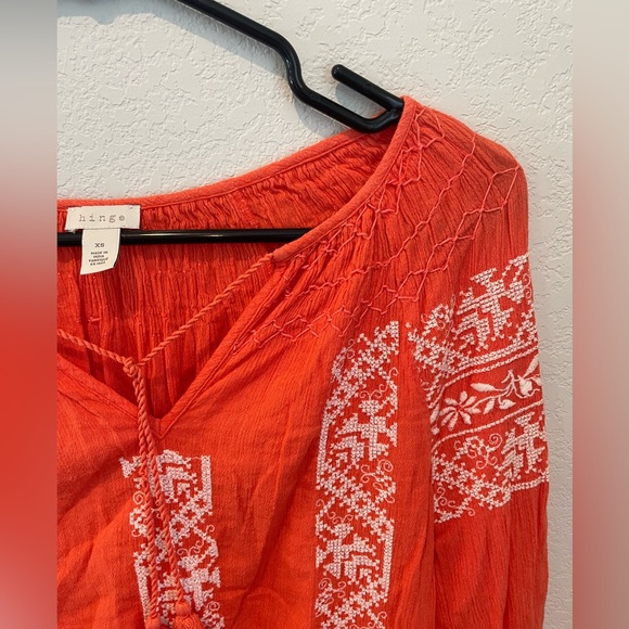 Hinge Orange Coral Embroidered Flowy 3/4 Sleeve Top with Tassels Size XS - Picture 8 of 10